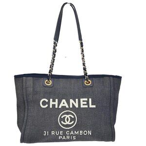CHANEL CC Deauville Denim Shoulder Hand Bag Canvas Leather Blue